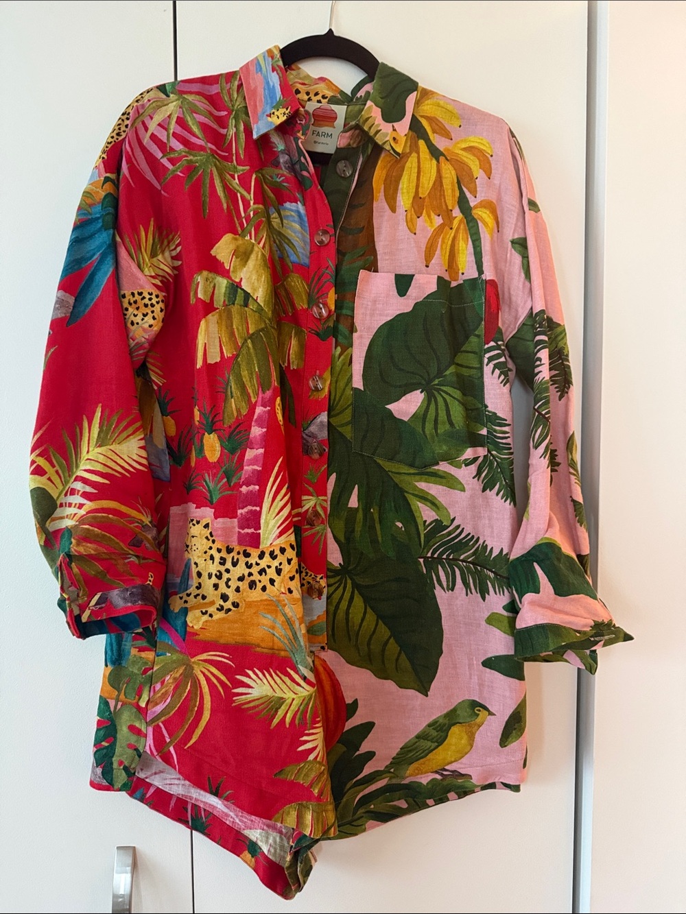 FARM Rio Split-Print Tropical Button-Up Romper— Pink, Red & Green
